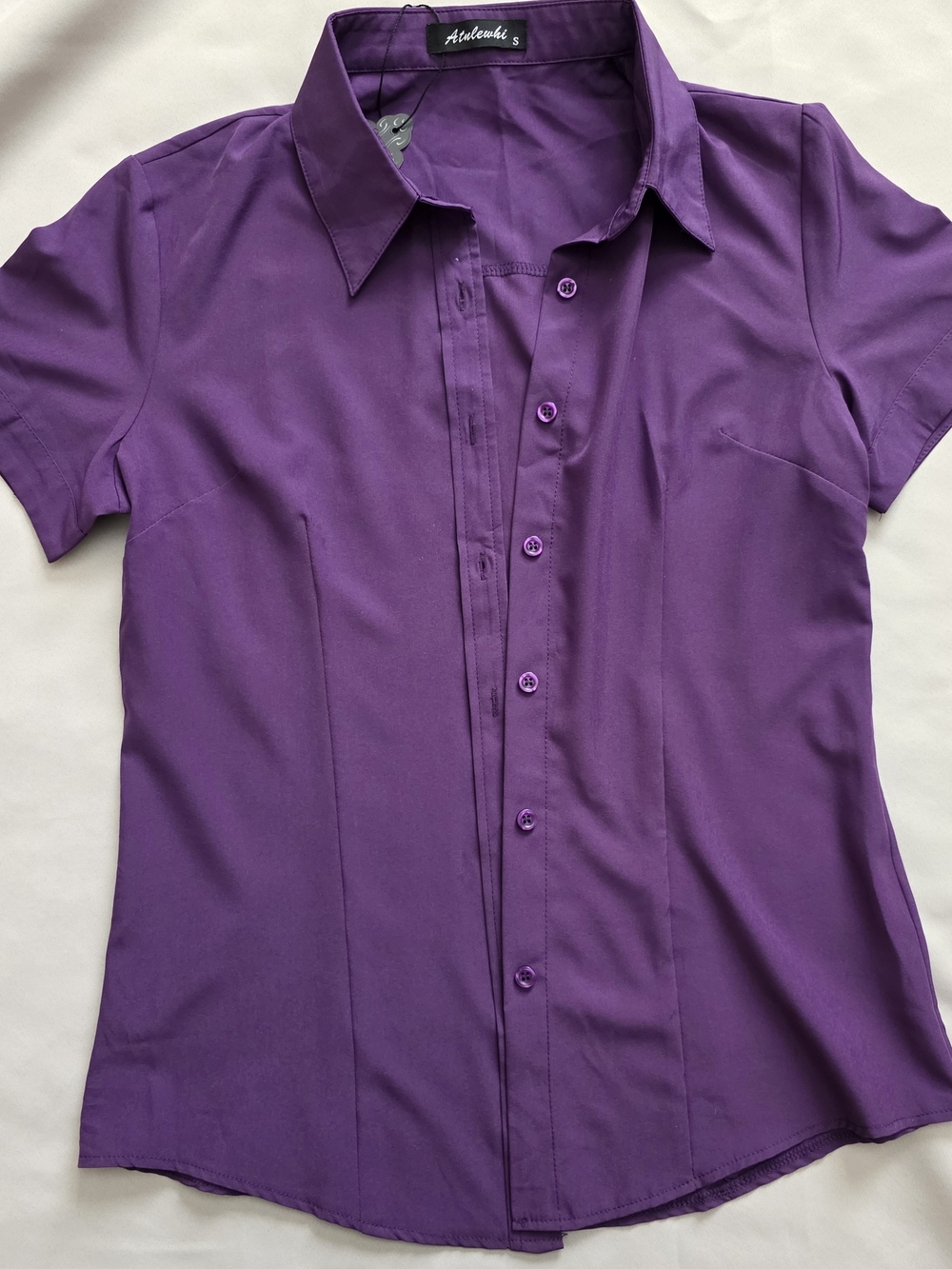 Atulewki Purple Short-Sleeve Button-Up Shirt Casual Shirt Blouse Top Small